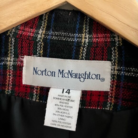Vintage 90s Norton McNaughton Red Navy Plaid Wool Blend Blazer Jacket | Size 14 - Picture 3 of 12